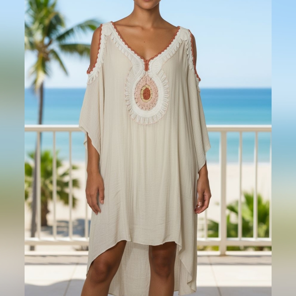 Boho Cream and Orange Cold Shoulder Dress